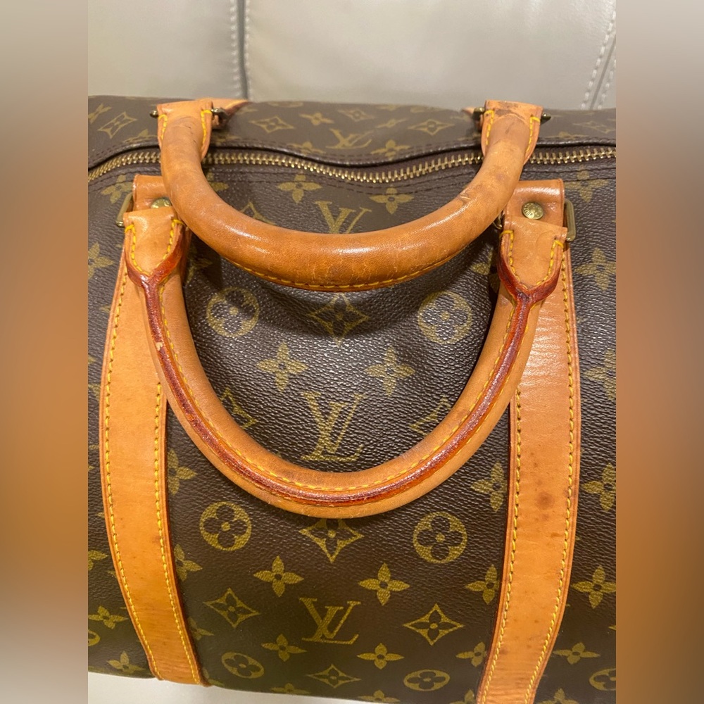 Louis Vuitton Brown Monogram Travel Duffel with Tan Leather Trim - Picture 3 of 13